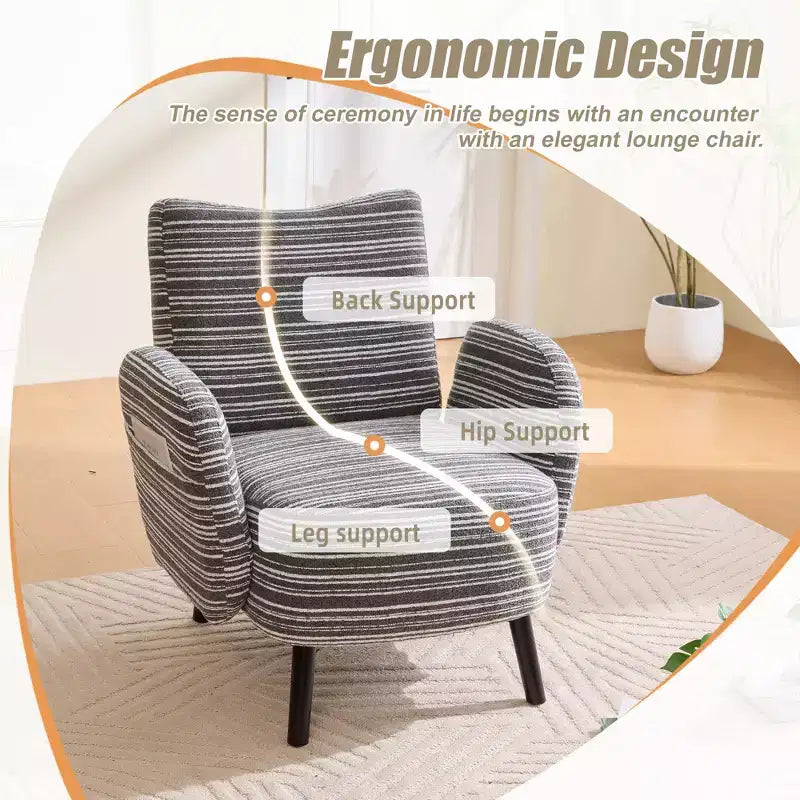 Fauteuil de canapé moderne à rayures avec pochette latérale et pieds en bois massif, chaise de lecture confortable pour salon, chambre et bureau