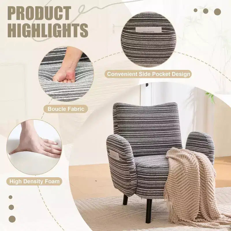 Fauteuil de canapé moderne à rayures avec pochette latérale et pieds en bois massif, chaise de lecture confortable pour salon, chambre et bureau