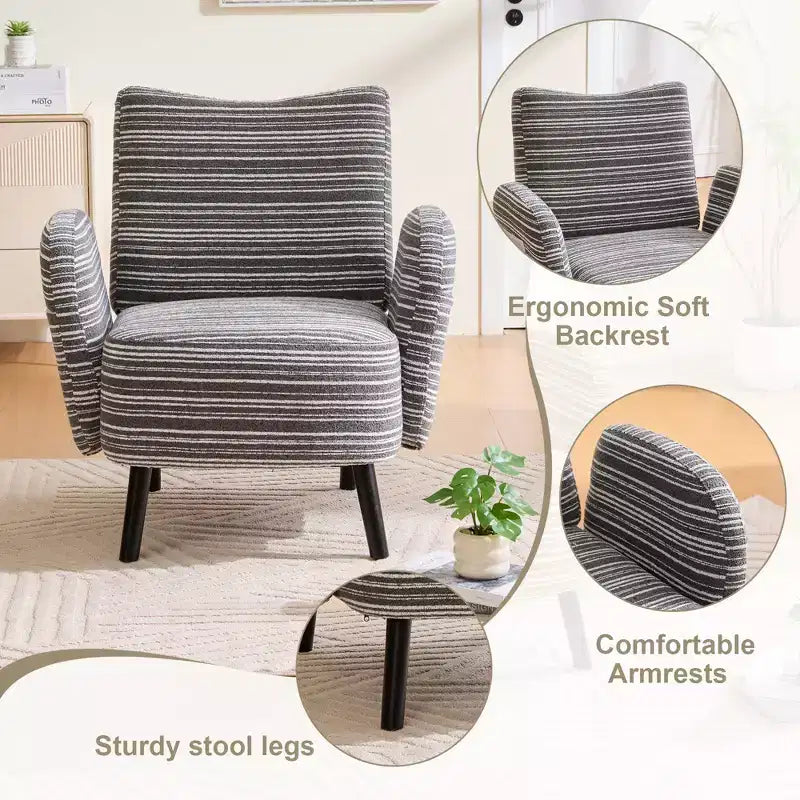 Fauteuil de canapé moderne à rayures avec pochette latérale et pieds en bois massif, chaise de lecture confortable pour salon, chambre et bureau