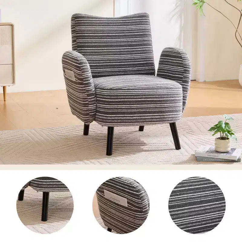 Fauteuil de canapé moderne à rayures avec pochette latérale et pieds en bois massif, chaise de lecture confortable pour salon, chambre et bureau