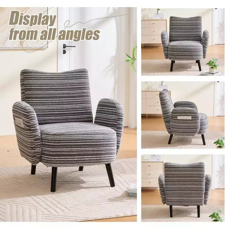 Fauteuil de canapé moderne à rayures avec pochette latérale et pieds en bois massif, chaise de lecture confortable pour salon, chambre et bureau