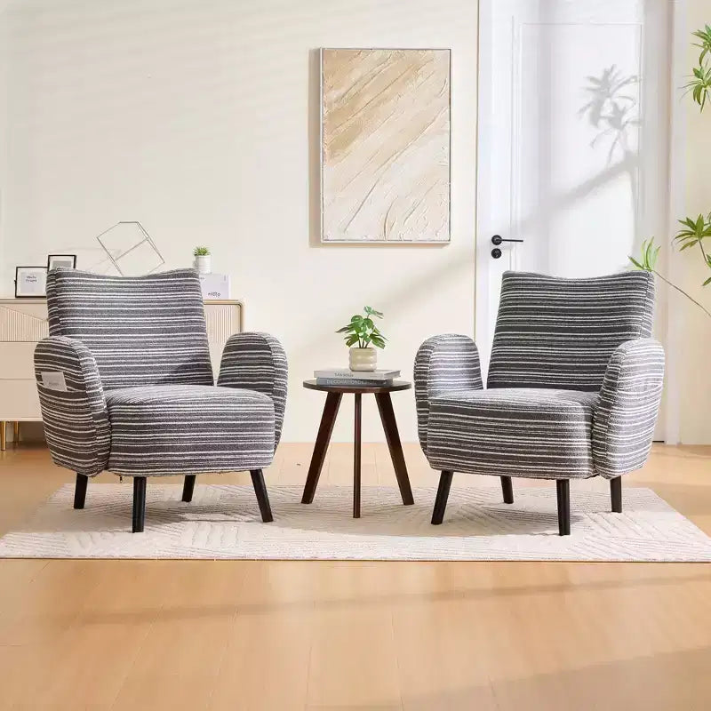 Fauteuil de canapé moderne à rayures avec pochette latérale et pieds en bois massif, chaise de lecture confortable pour salon, chambre et bureau