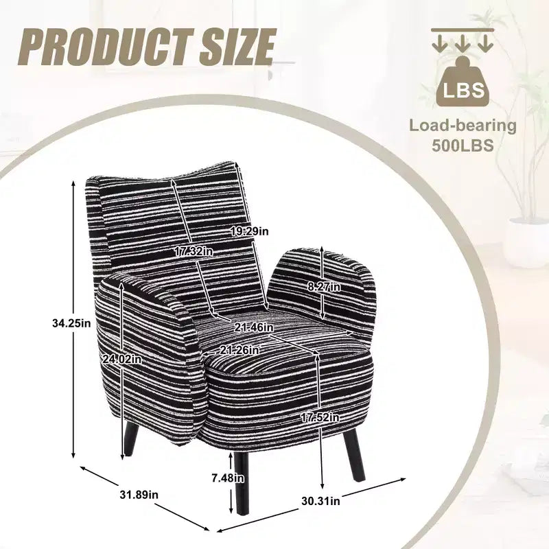 Fauteuil de canapé moderne à rayures avec pochette latérale et pieds en bois massif, chaise de lecture confortable pour salon, chambre et bureau