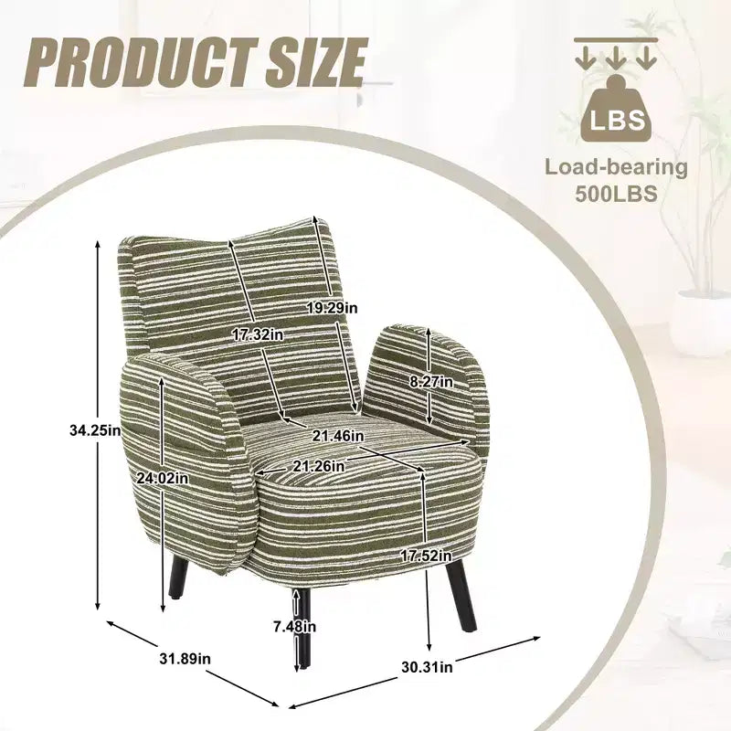 Fauteuil de canapé moderne à rayures avec pochette latérale et pieds en bois massif, chaise de lecture confortable pour salon, chambre et bureau
