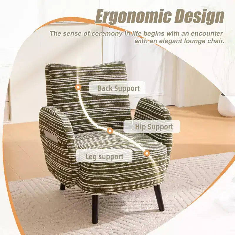 Fauteuil de canapé moderne à rayures avec pochette latérale et pieds en bois massif, chaise de lecture confortable pour salon, chambre et bureau