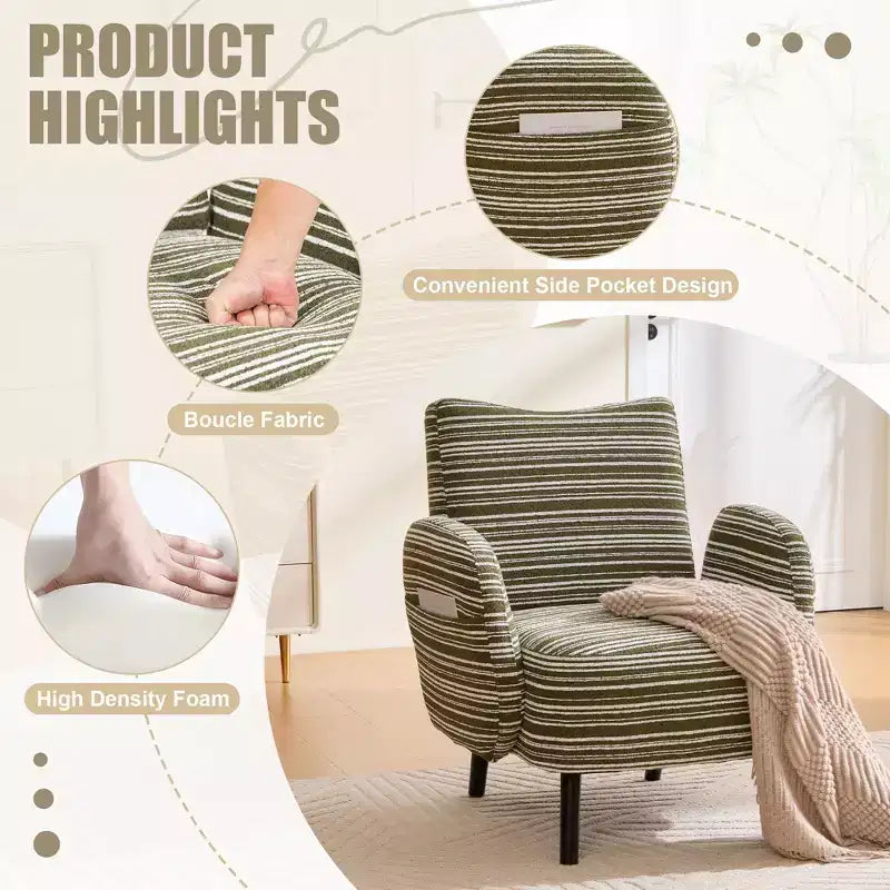 Fauteuil de canapé moderne à rayures avec pochette latérale et pieds en bois massif, chaise de lecture confortable pour salon, chambre et bureau