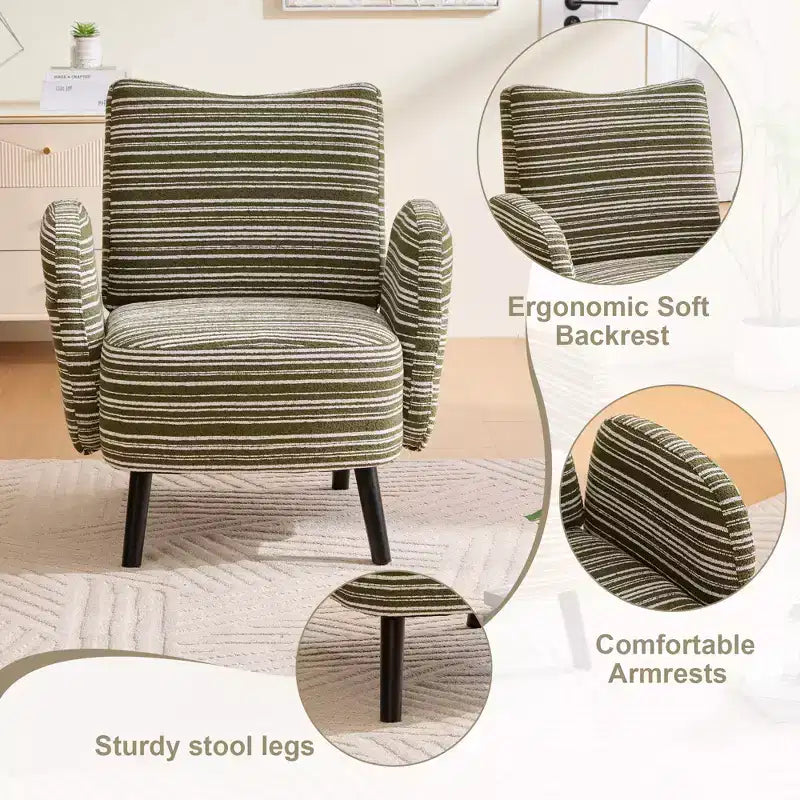 Fauteuil de canapé moderne à rayures avec pochette latérale et pieds en bois massif, chaise de lecture confortable pour salon, chambre et bureau