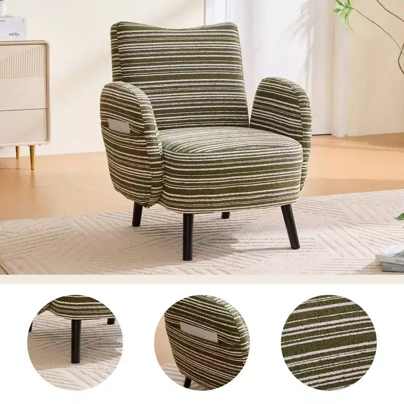 Fauteuil de canapé moderne à rayures avec pochette latérale et pieds en bois massif, chaise de lecture confortable pour salon, chambre et bureau