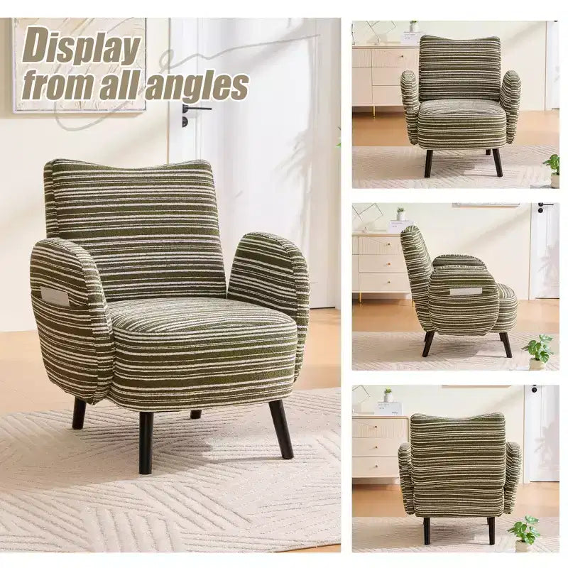Fauteuil de canapé moderne à rayures avec pochette latérale et pieds en bois massif, chaise de lecture confortable pour salon, chambre et bureau