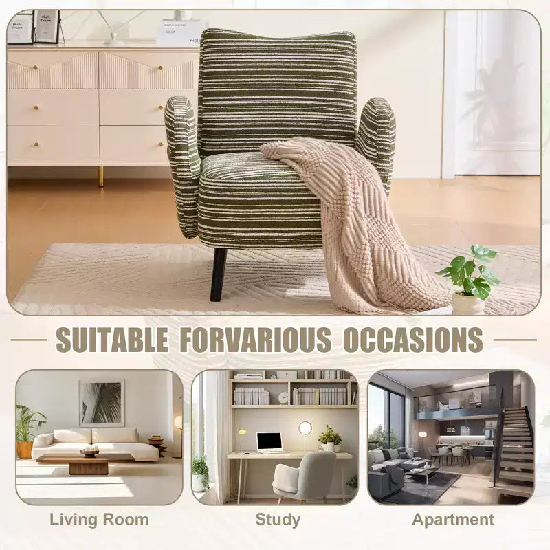 Fauteuil de canapé moderne à rayures avec pochette latérale et pieds en bois massif, chaise de lecture confortable pour salon, chambre et bureau