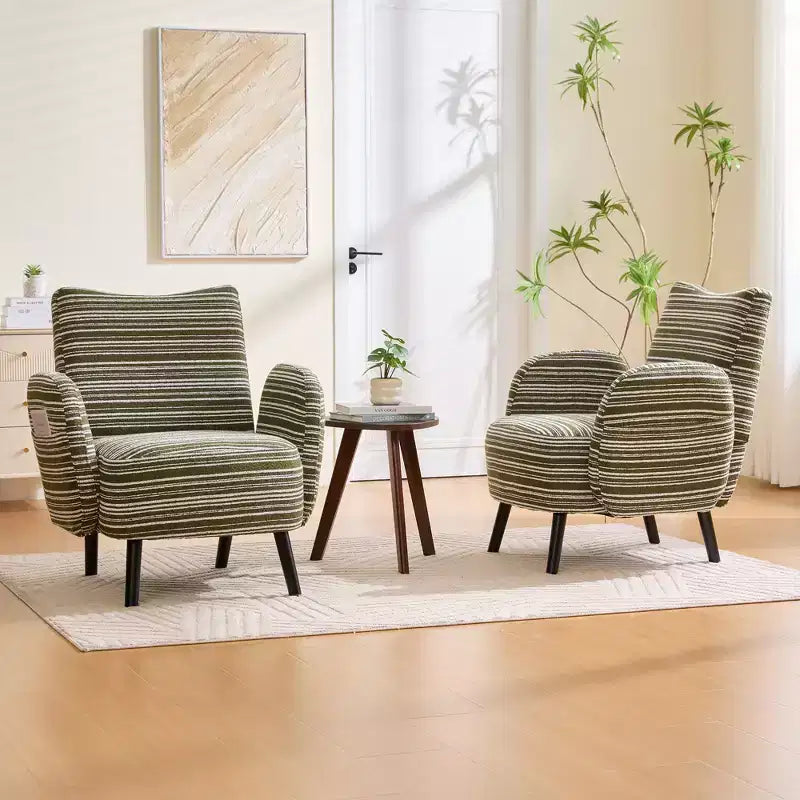 Fauteuil de canapé moderne à rayures avec pochette latérale et pieds en bois massif, chaise de lecture confortable pour salon, chambre et bureau