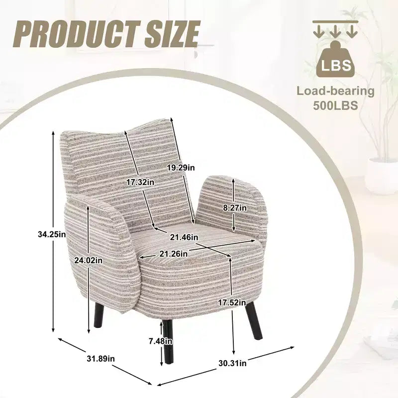 Fauteuil de canapé moderne à rayures avec pochette latérale et pieds en bois massif, chaise de lecture confortable pour salon, chambre et bureau