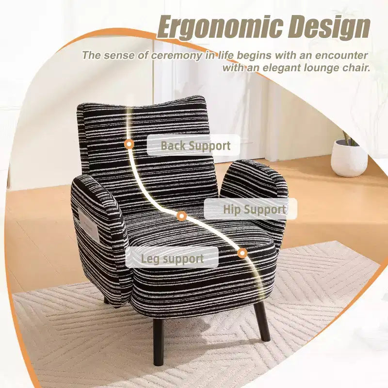 Fauteuil de canapé moderne à rayures avec pochette latérale et pieds en bois massif, chaise de lecture confortable pour salon, chambre et bureau
