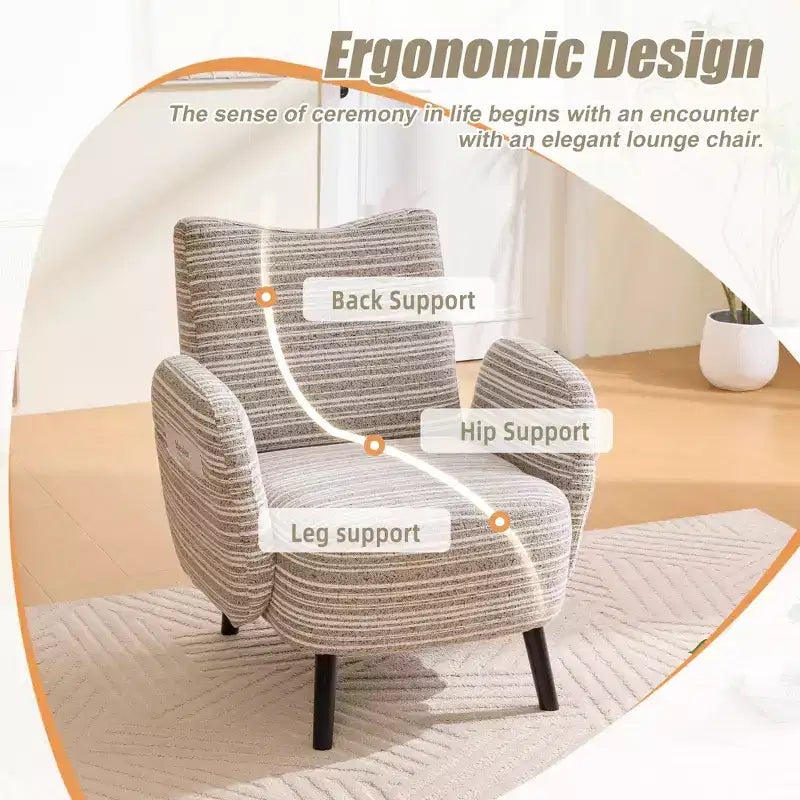Fauteuil de canapé moderne à rayures avec pochette latérale et pieds en bois massif, chaise de lecture confortable pour salon, chambre et bureau