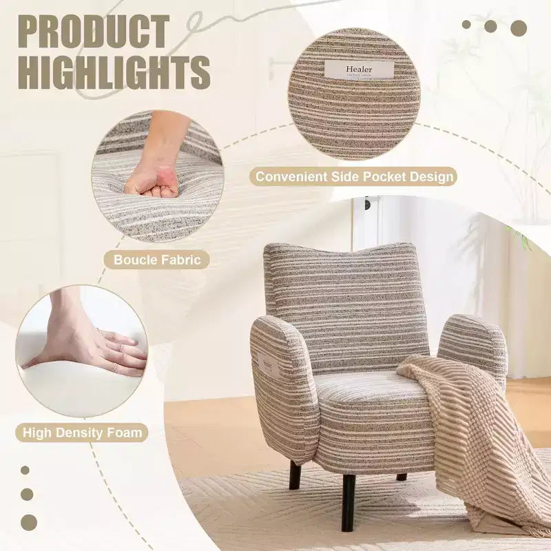 Fauteuil de canapé moderne à rayures avec pochette latérale et pieds en bois massif, chaise de lecture confortable pour salon, chambre et bureau