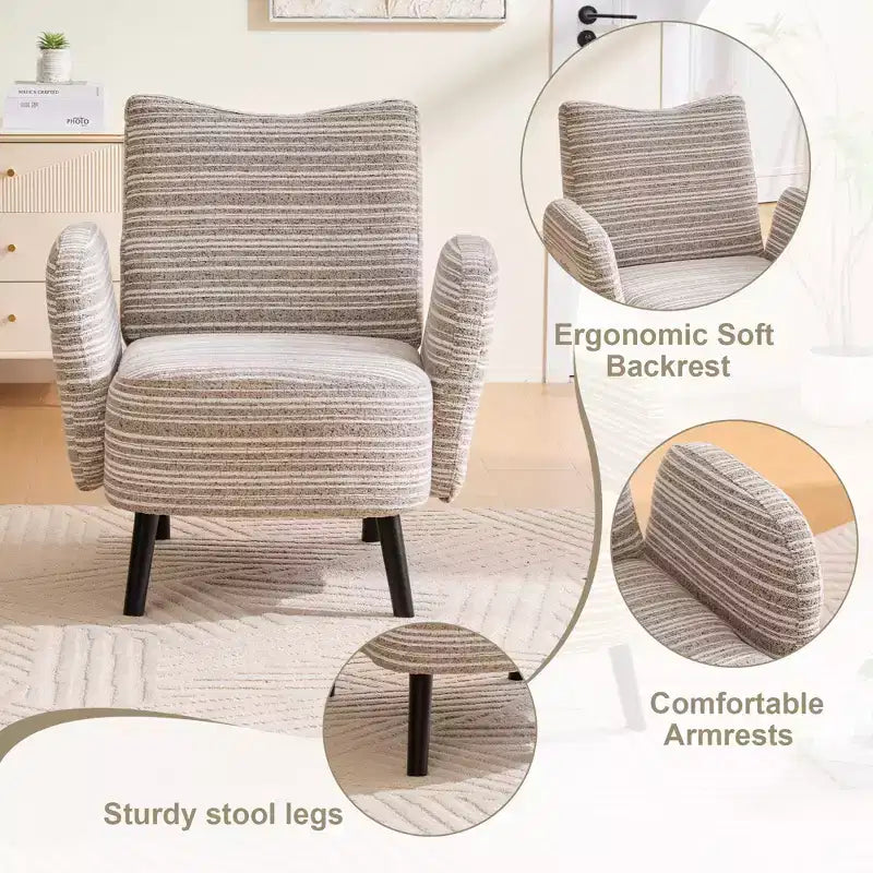 Fauteuil de canapé moderne à rayures avec pochette latérale et pieds en bois massif, chaise de lecture confortable pour salon, chambre et bureau