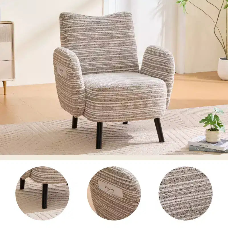 Fauteuil de canapé moderne à rayures avec pochette latérale et pieds en bois massif, chaise de lecture confortable pour salon, chambre et bureau