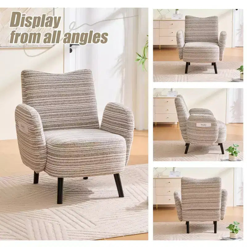 Fauteuil de canapé moderne à rayures avec pochette latérale et pieds en bois massif, chaise de lecture confortable pour salon, chambre et bureau
