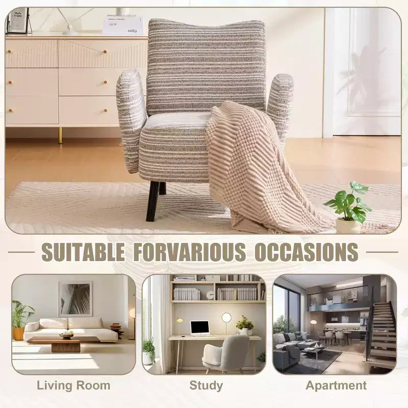 Fauteuil de canapé moderne à rayures avec pochette latérale et pieds en bois massif, chaise de lecture confortable pour salon, chambre et bureau