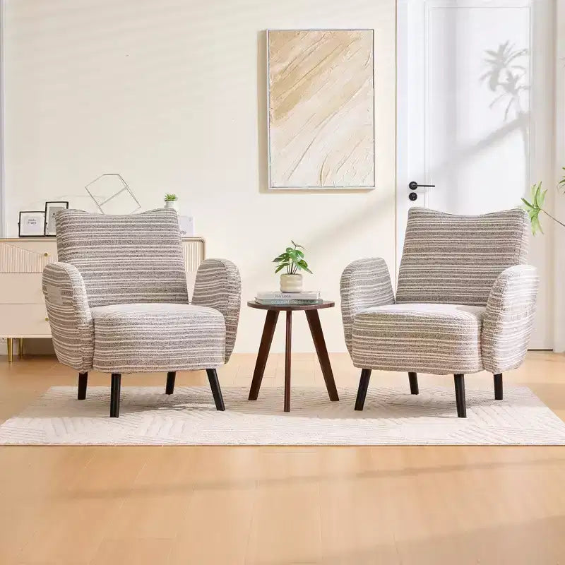 Fauteuil de canapé moderne à rayures avec pochette latérale et pieds en bois massif, chaise de lecture confortable pour salon, chambre et bureau