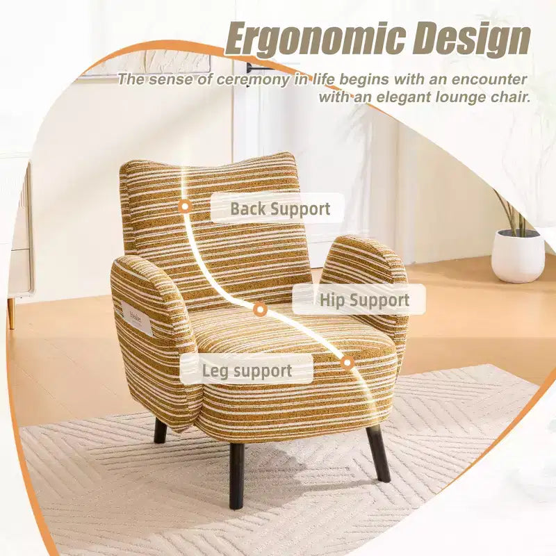 Fauteuil de canapé moderne à rayures avec pochette latérale et pieds en bois massif, chaise de lecture confortable pour salon, chambre et bureau
