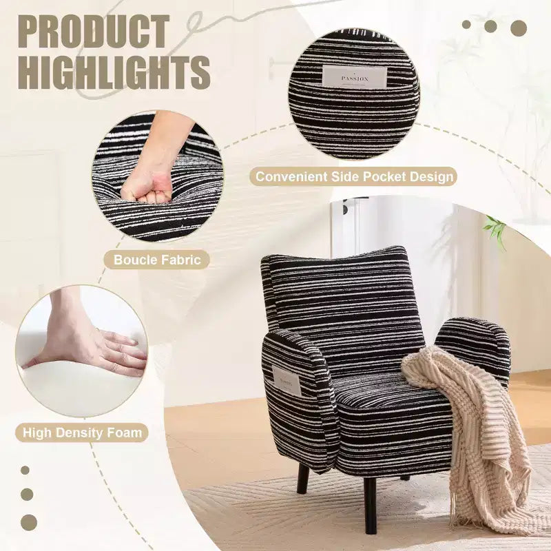 Fauteuil de canapé moderne à rayures avec pochette latérale et pieds en bois massif, chaise de lecture confortable pour salon, chambre et bureau