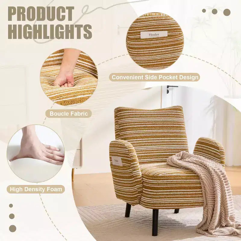 Fauteuil de canapé moderne à rayures avec pochette latérale et pieds en bois massif, chaise de lecture confortable pour salon, chambre et bureau