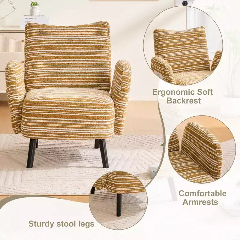 Fauteuil de canapé moderne à rayures avec pochette latérale et pieds en bois massif, chaise de lecture confortable pour salon, chambre et bureau