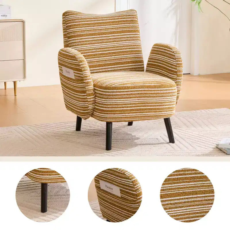 Fauteuil de canapé moderne à rayures avec pochette latérale et pieds en bois massif, chaise de lecture confortable pour salon, chambre et bureau