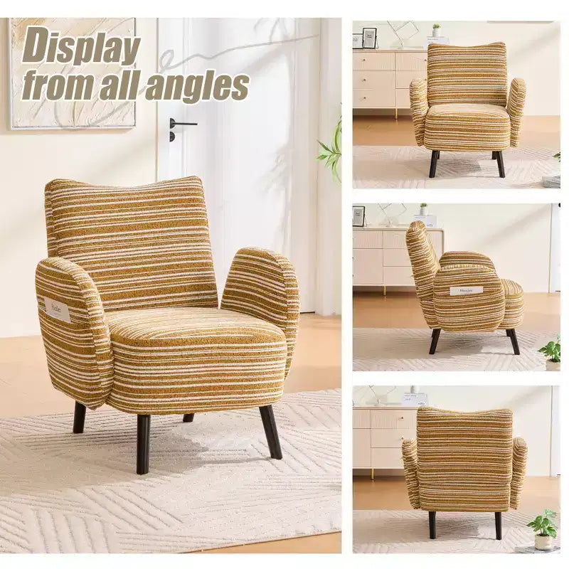 Fauteuil de canapé moderne à rayures avec pochette latérale et pieds en bois massif, chaise de lecture confortable pour salon, chambre et bureau