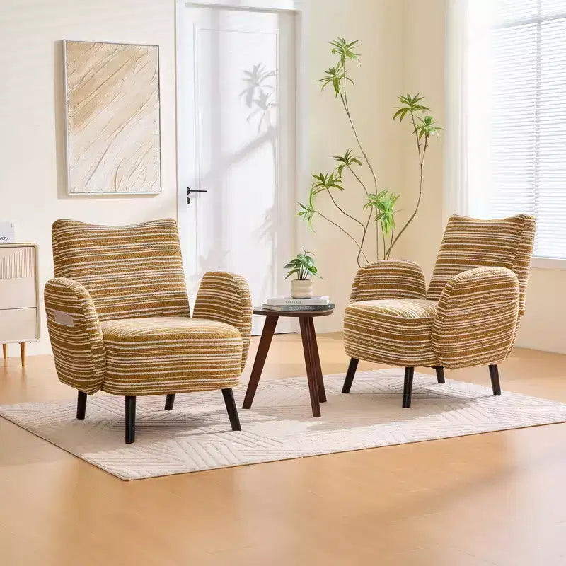 Fauteuil de canapé moderne à rayures avec pochette latérale et pieds en bois massif, chaise de lecture confortable pour salon, chambre et bureau