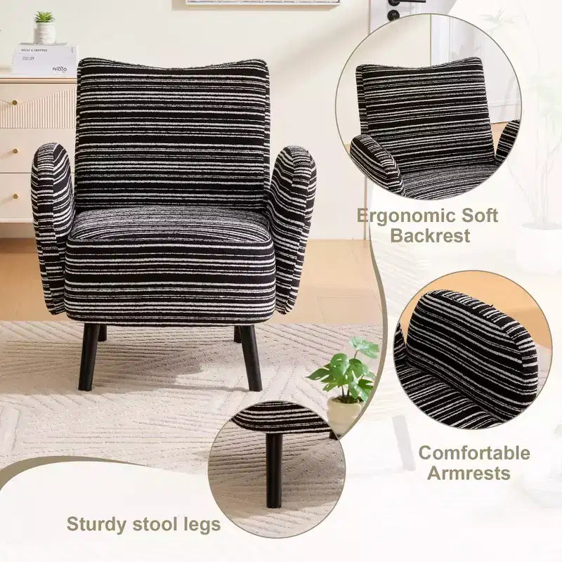Fauteuil de canapé moderne à rayures avec pochette latérale et pieds en bois massif, chaise de lecture confortable pour salon, chambre et bureau