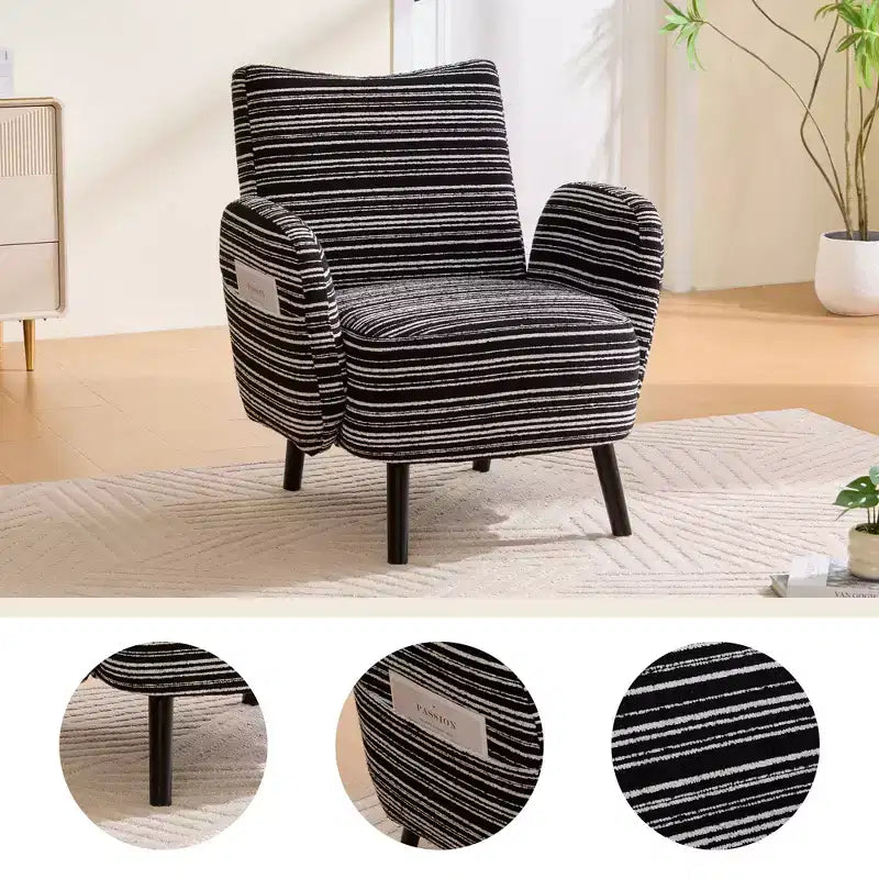Fauteuil de canapé moderne à rayures avec pochette latérale et pieds en bois massif, chaise de lecture confortable pour salon, chambre et bureau