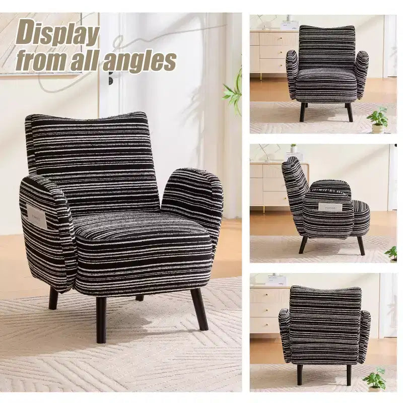 Fauteuil de canapé moderne à rayures avec pochette latérale et pieds en bois massif, chaise de lecture confortable pour salon, chambre et bureau