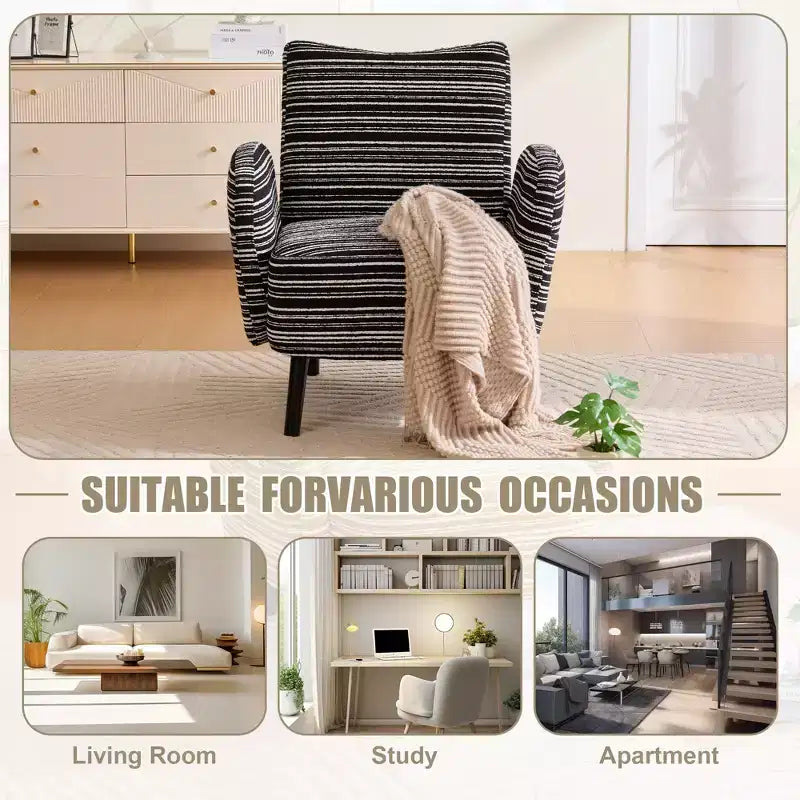 Fauteuil de canapé moderne à rayures avec pochette latérale et pieds en bois massif, chaise de lecture confortable pour salon, chambre et bureau