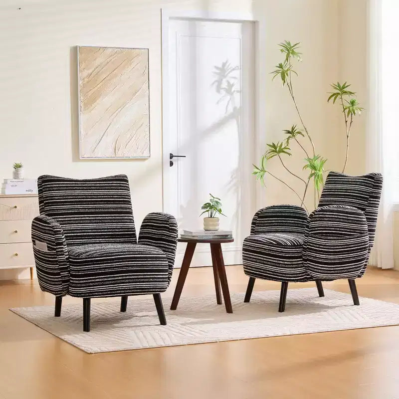 Fauteuil de canapé moderne à rayures avec pochette latérale et pieds en bois massif, chaise de lecture confortable pour salon, chambre et bureau
