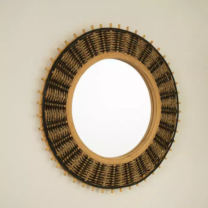 Miroir Mural Rond Décoratif Vintage en Bambou 23" avec Décoration Corde Tressée, Petit Miroir Circulaire pour Entrée ou Salon