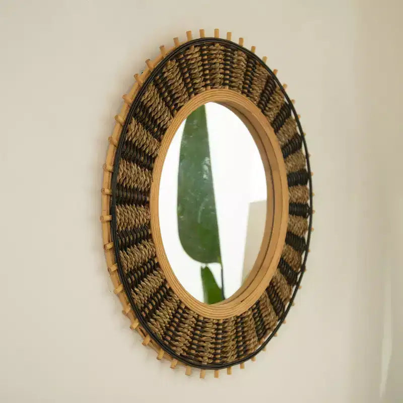 Miroir Mural Rond Décoratif Vintage en Bambou 23" avec Décoration Corde Tressée, Petit Miroir Circulaire pour Entrée ou Salon