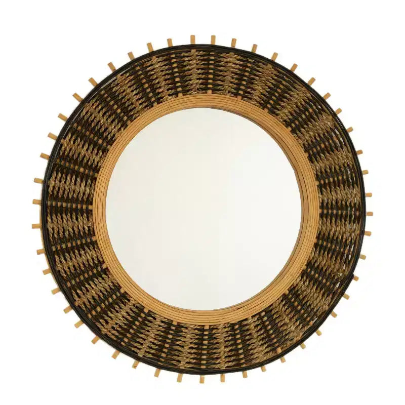Miroir Mural Rond Décoratif Vintage en Bambou 23" avec Décoration Corde Tressée, Petit Miroir Circulaire pour Entrée ou Salon