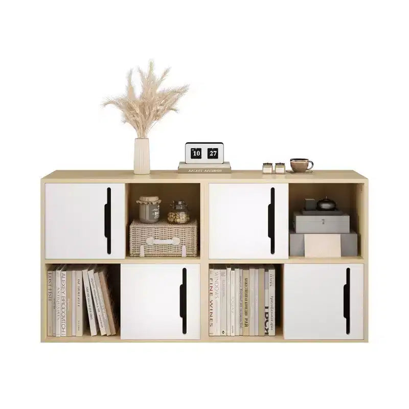 Meuble de rangement moderne avec portes coulissantes, étagères ouvertes et fermées à 2 niveaux, bois naturel avec panneaux blancs