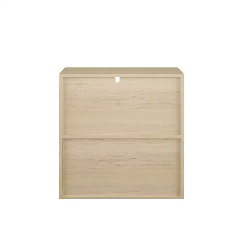 Meuble de rangement moderne avec portes coulissantes, étagères ouvertes et fermées à 2 niveaux, bois naturel avec panneaux blancs