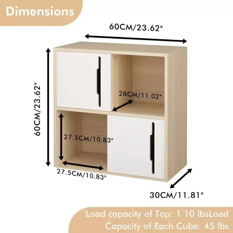Meuble de rangement moderne avec portes coulissantes, étagères ouvertes et fermées à 2 niveaux, bois naturel avec panneaux blancs