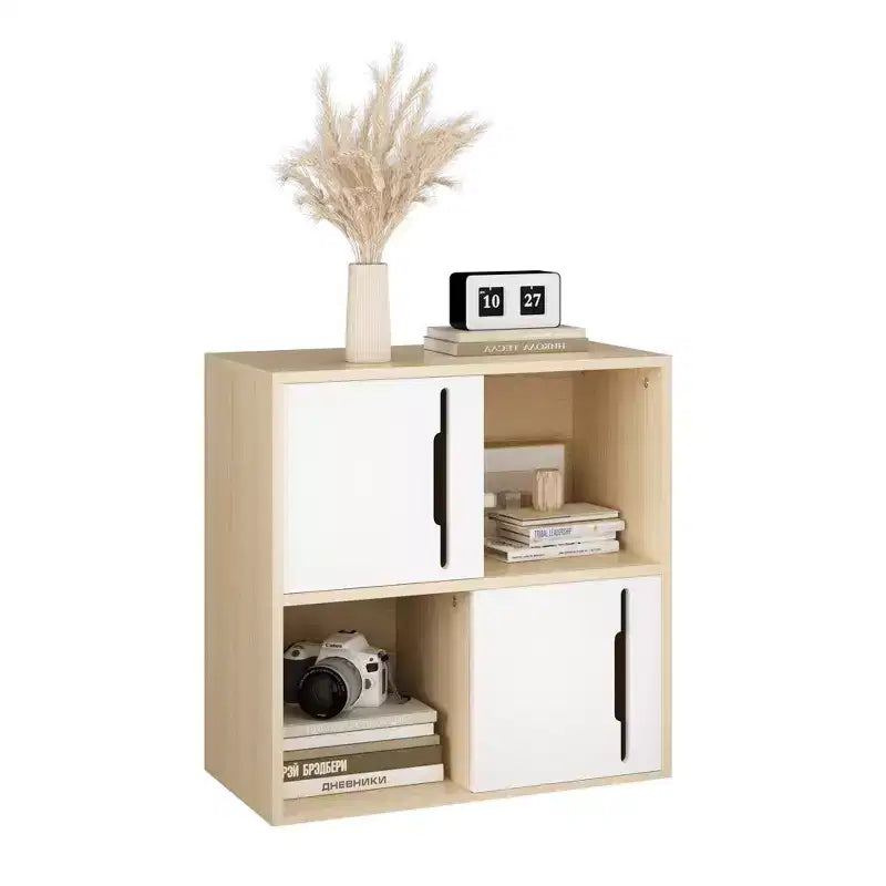 Meuble de rangement moderne avec portes coulissantes, étagères ouvertes et fermées à 2 niveaux, bois naturel avec panneaux blancs