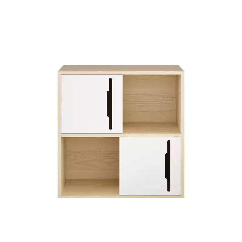 Meuble de rangement moderne avec portes coulissantes, étagères ouvertes et fermées à 2 niveaux, bois naturel avec panneaux blancs