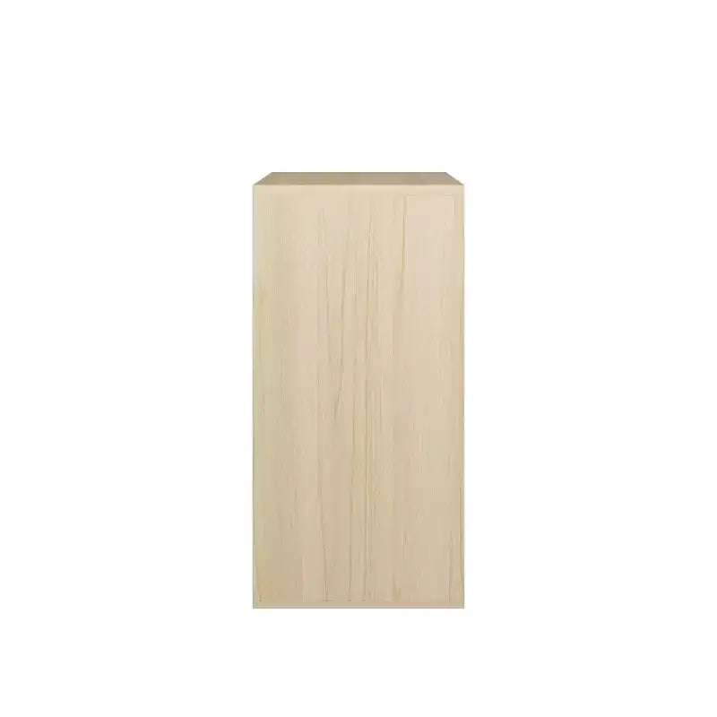 Meuble de rangement moderne avec portes coulissantes, étagères ouvertes et fermées à 2 niveaux, bois naturel avec panneaux blancs
