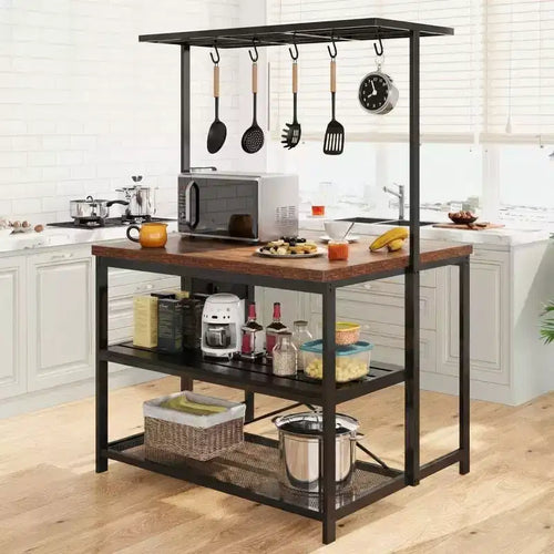 Ilot de cuisine de 47" avec prise de courant, étagère de rangement à 3 niveaux, crochets, support à micro-ondes pour boulangerie