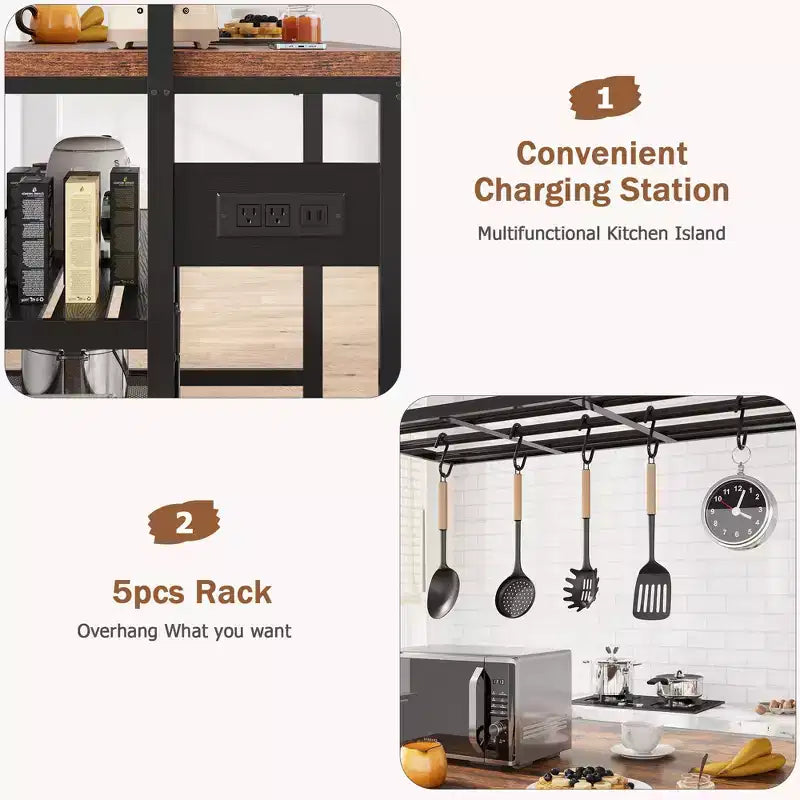 Ilot de cuisine de 47" avec prise de courant, étagère de rangement à 3 niveaux, crochets, support à micro-ondes pour boulangerie