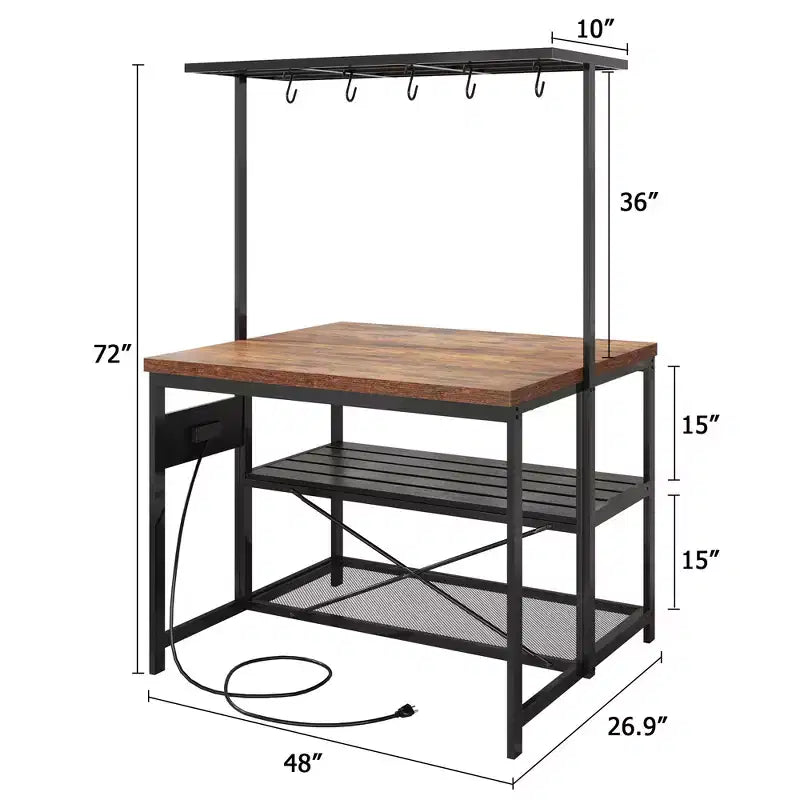 Ilot de cuisine de 47" avec prise de courant, étagère de rangement à 3 niveaux, crochets, support à micro-ondes pour boulangerie