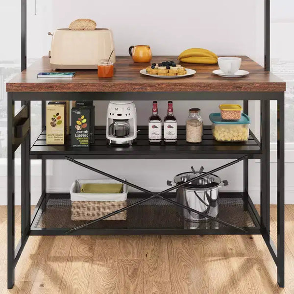 Ilot de cuisine de 47" avec prise de courant, étagère de rangement à 3 niveaux, crochets, support à micro-ondes pour boulangerie