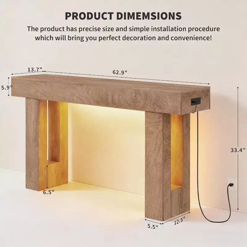 Table console de ferme 63" avec station de charge et lumière LED, table de canapé étroite pour couloir et salon, finition bois naturel